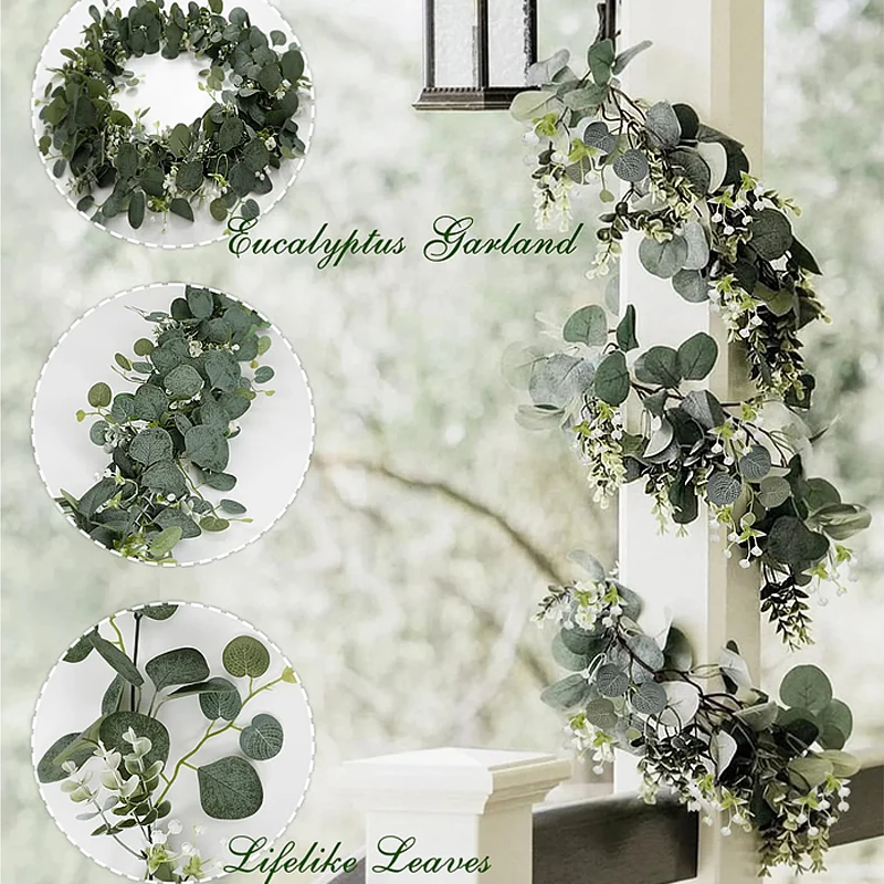 Eucalipto Artificial, enredaderas verdes, hojas, guirnalda de pino, ramas, decoraciones de boda, plantas falsas, flores, decoración del hogar, fiesta