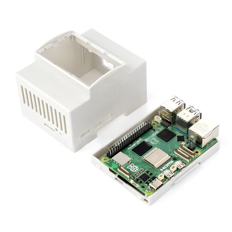 ABS-Gehäuse für Raspberry Pi 5, DIN-Schienengehäuse, großer Innenraum, durchsichtige Fenster-Elektrobox, optionaler aktiver Kühler für RPi 5 Pi5