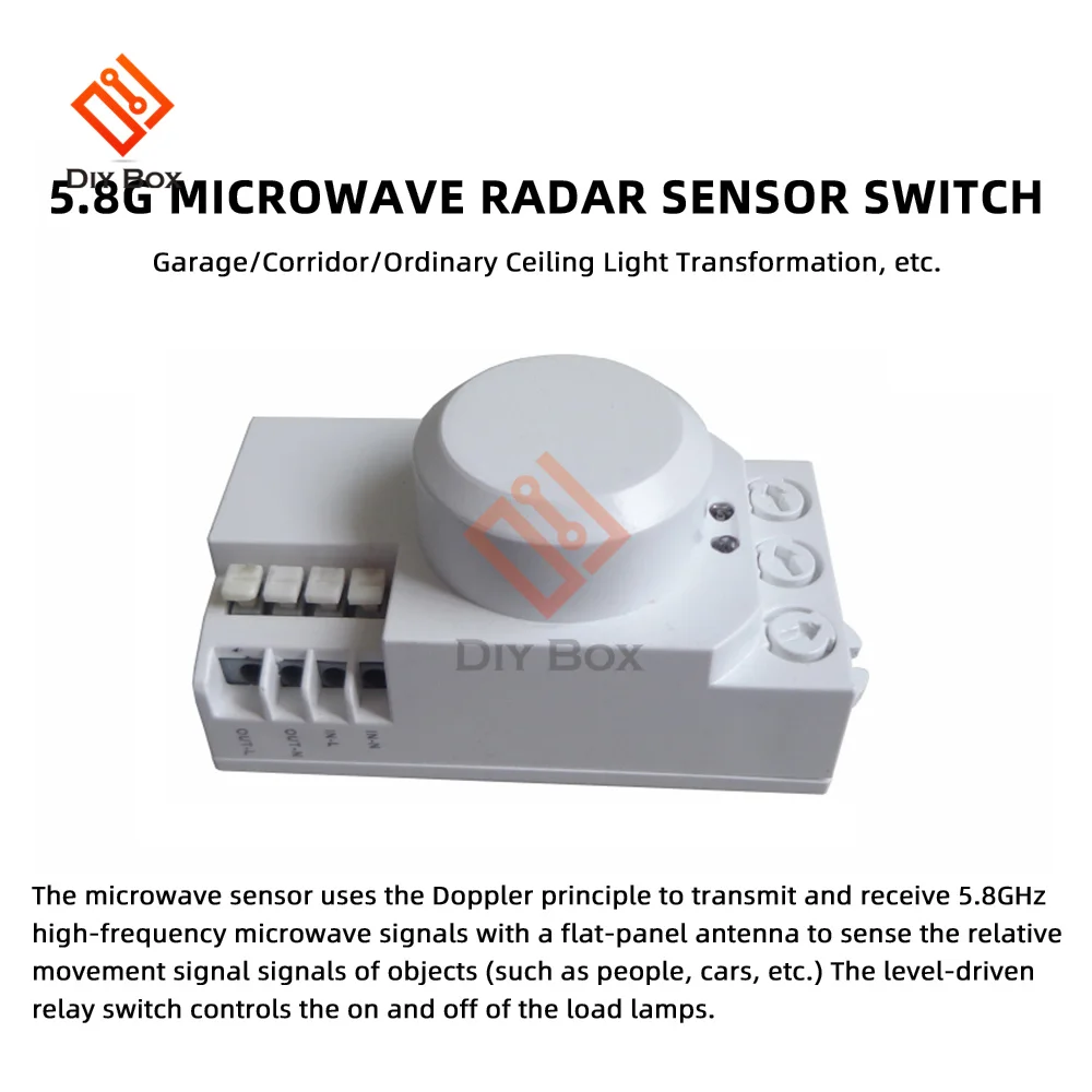 Interruptor de Sensor de Radar de microondas de 5,8 GHz, interruptor DIP/interruptor de perilla para ajustar el Sensor de movimiento PIR AC85-250V