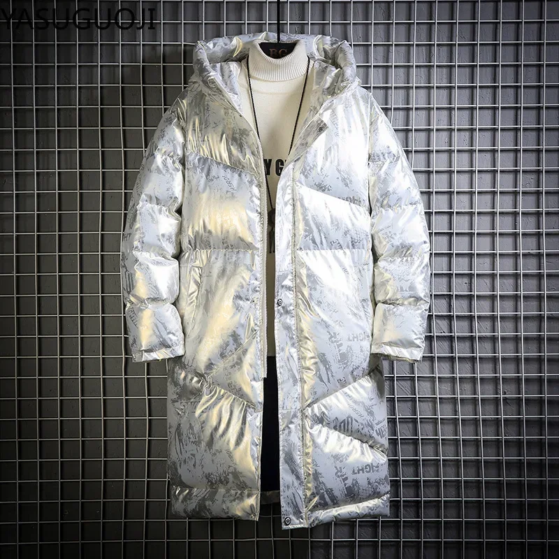 YASUGUOJI Winter Männer Jacke Dicke Warme Parka Jacken Silber Helle Farbe Lange männer Mit Kapuze Baumwolle Jacke Plus Größe Parkas mantel