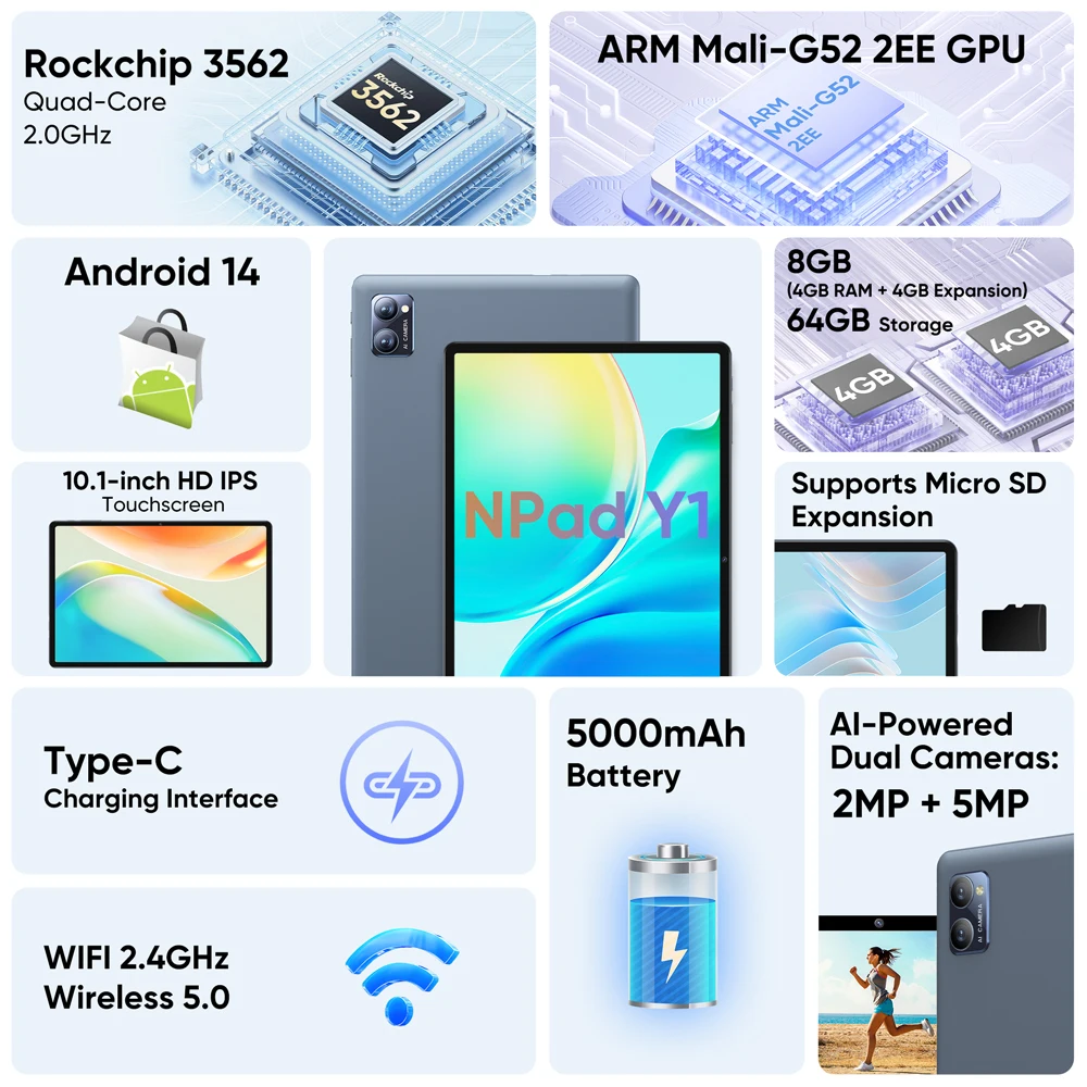 N-one NPad Y1 Android 14 10,1'' Tablet (4+4) 8GB+64GB 1280*800 IPS Bildschirm 4 Kerne UNISOC RK3562 WIFI Studie Tablet