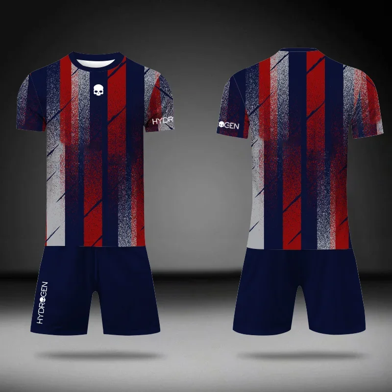 夏メンズ新しい特大ルーズスポーツウェアメンズストライププリントTシャツとショートパンツの2点セットテニスとバスケットボールカジュアルウェア