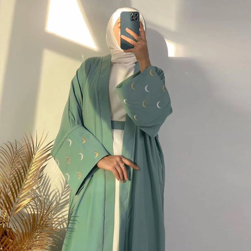 Abaya abierta con bordado de Luna para mujer, cárdigan musulmán de Dubái, Túnica elegante de Turquía, abrigo largo islámico, Abaya modesto, 2024