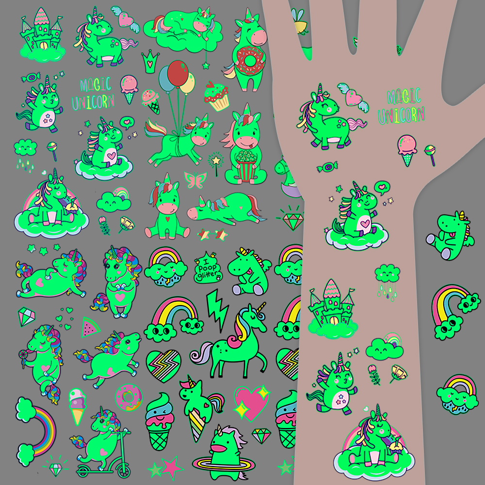 5 szt. Świecące, wodoodporne tatuaże tymczasowe z uroczym wzorem jednorożca, brokatowe tęczowe naklejki na ramię, twarz i ciało, sztuczne tatuaże