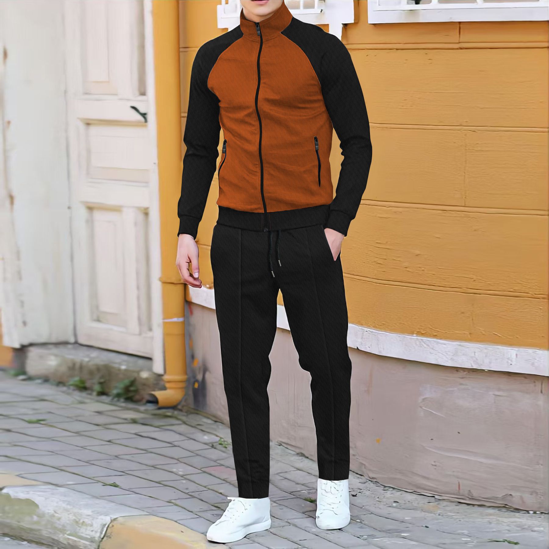 Traje informal de primavera y otoño para hombre, chaqueta de cuello alto con manga de rotador y pantalones, deportes informales al aire libre, contraste de color a la moda