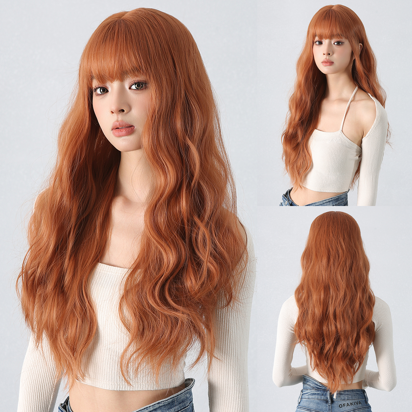 Perucas de cobre gengibre vermelho marrom longo fofo ondulado perucas sintéticas com franja peruca de cabelo cosplay para mulheres diariamente natural resistente ao calor
