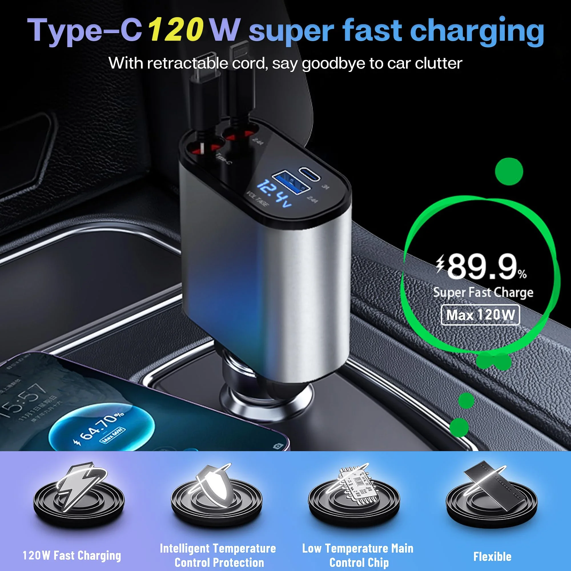 120/66 Вт 4 в 1, выдвижное автомобильное зарядное устройство, кабель USB PD типа C для мобильного телефона, шнур быстрой зарядки для iPhone, прикуриватель, адаптер QC