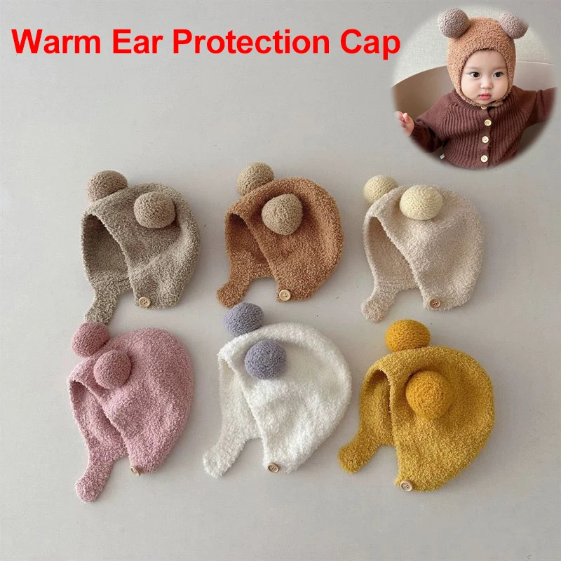 Gorros cálidos de invierno para niños y niñas, gorros con dobladillo de lana polar con bola, gorros con protección para los oídos de lana Lisa, gorro suave para recién nacido