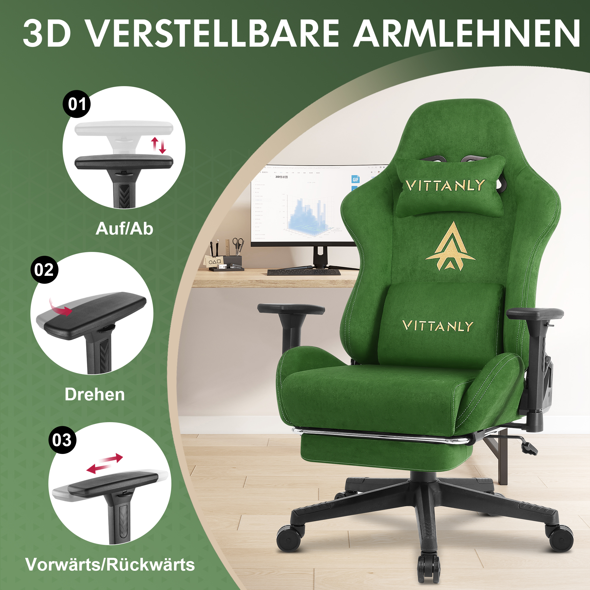 Neuer Massage-Gaming-Stuhl, grüner Gaming-Stuhl mit Fußpedal und Massage-Lendenkissen, ergonomischer Gaming-Stuhl, Stuhl aus Wildleder