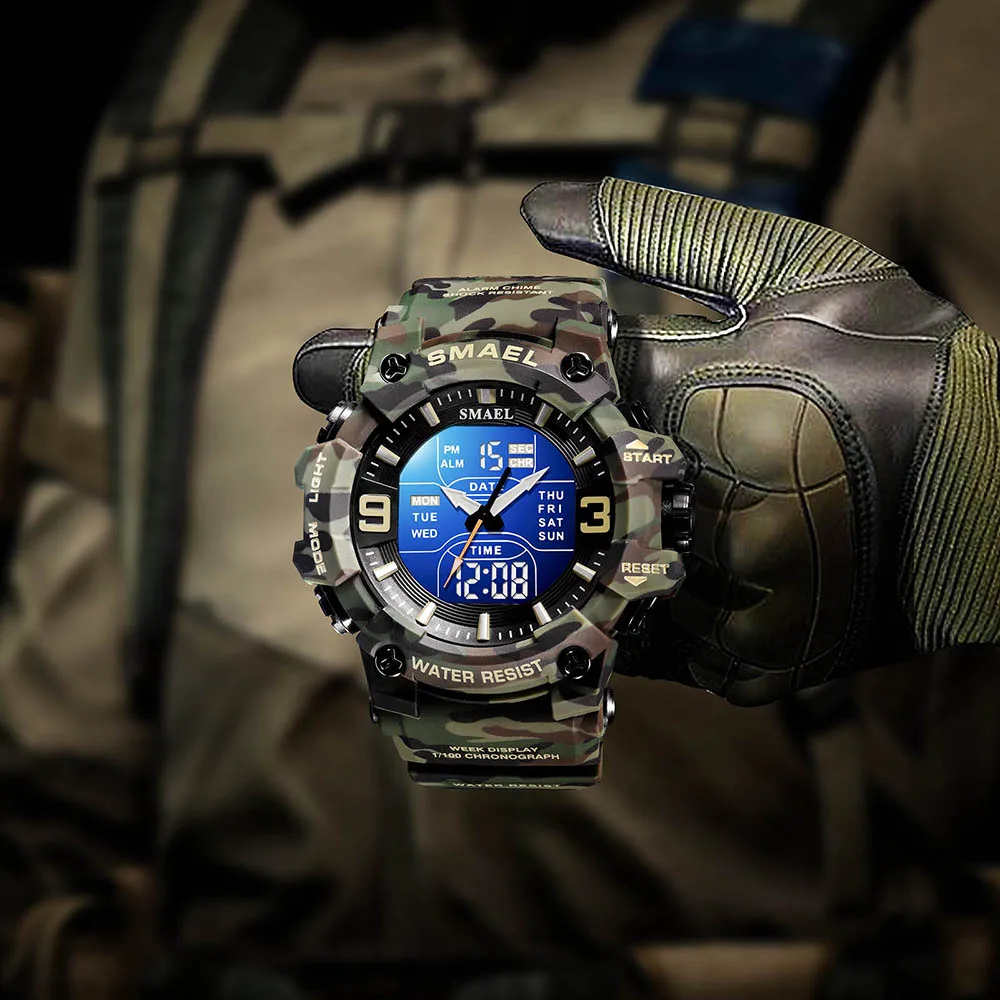 นาฬิกาทหารผู้ชายกีฬานาฬิกานาฬิกากันน้ํานาฬิกาปลุก Dual Time นาฬิกาข้อมือดิจิตอล 8049B Army นาฬิกาทหาร