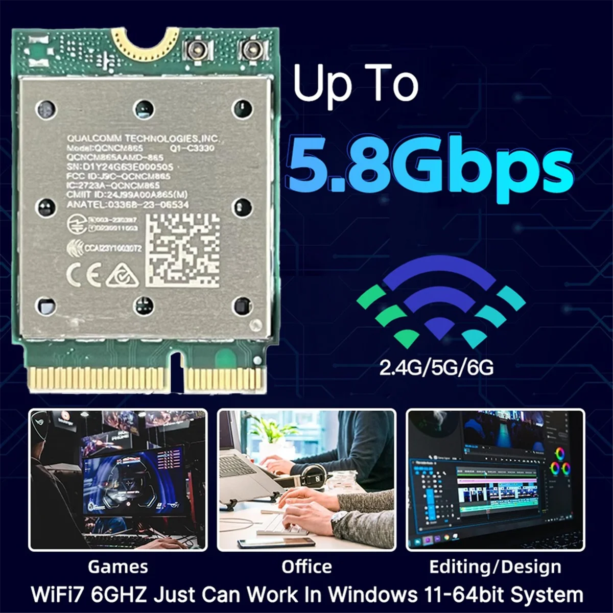 Tri Band WiFi7 QCNCM865 Bluetooth 5.4 Wireless WiFi Card Tri Band 2.4G/5G/6Ghz Network Wireless Adapter for Win11