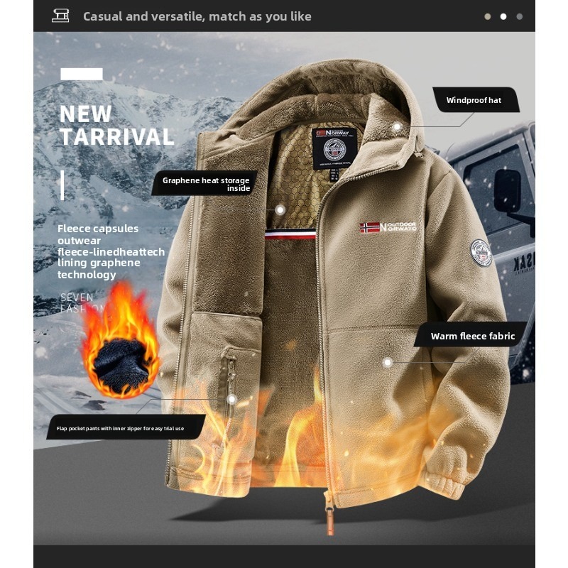 Chujie jaqueta masculina de lã outono e inverno moda grafeno quente com capuz caminhadas ao ar livre esportes com jaqueta cardigã de lã grossa