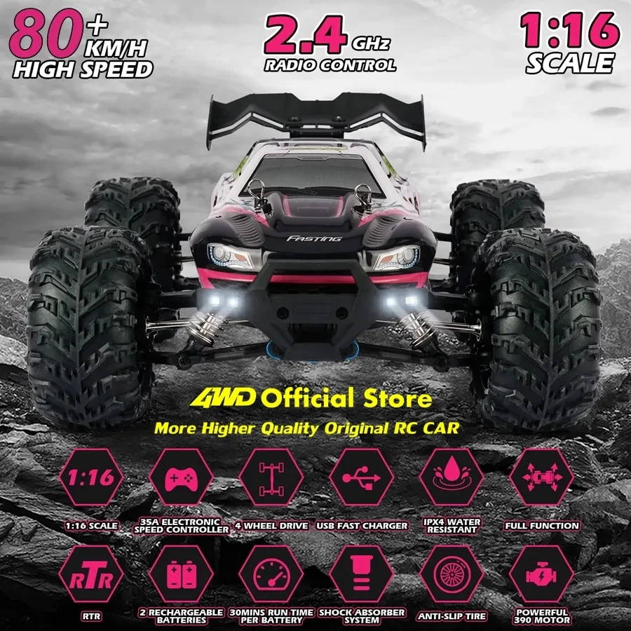 1:16 80 km/h bürstenloser RC-Driftauto mit LED-Leuchten, elektrischer Hochgeschwindigkeits-Racing-Monstertruck mit Fernbedienung für Kinder und Erwachsene