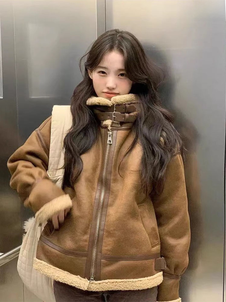 Korean Retro Lapel Fur Leather Vest Women's Winter New Small Size Deer Skin Velvet Windproof Warmth Leather Jacket Trendy