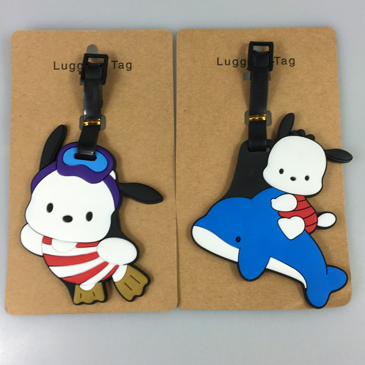 Etiqueta de equipaje Pochacco de dibujos animados, accesorios de viaje, PVC, portátil, antipérdida, dirección, nombre, Venta al por mayor