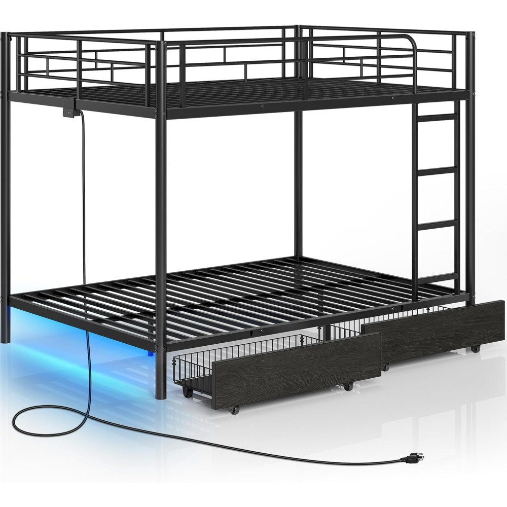 Metal Bunk Bed Full Over Full with USB Charging Station, 2 Storage Drawers, Bed with Safety Guardrail & Ladders, LED Bunk Bed