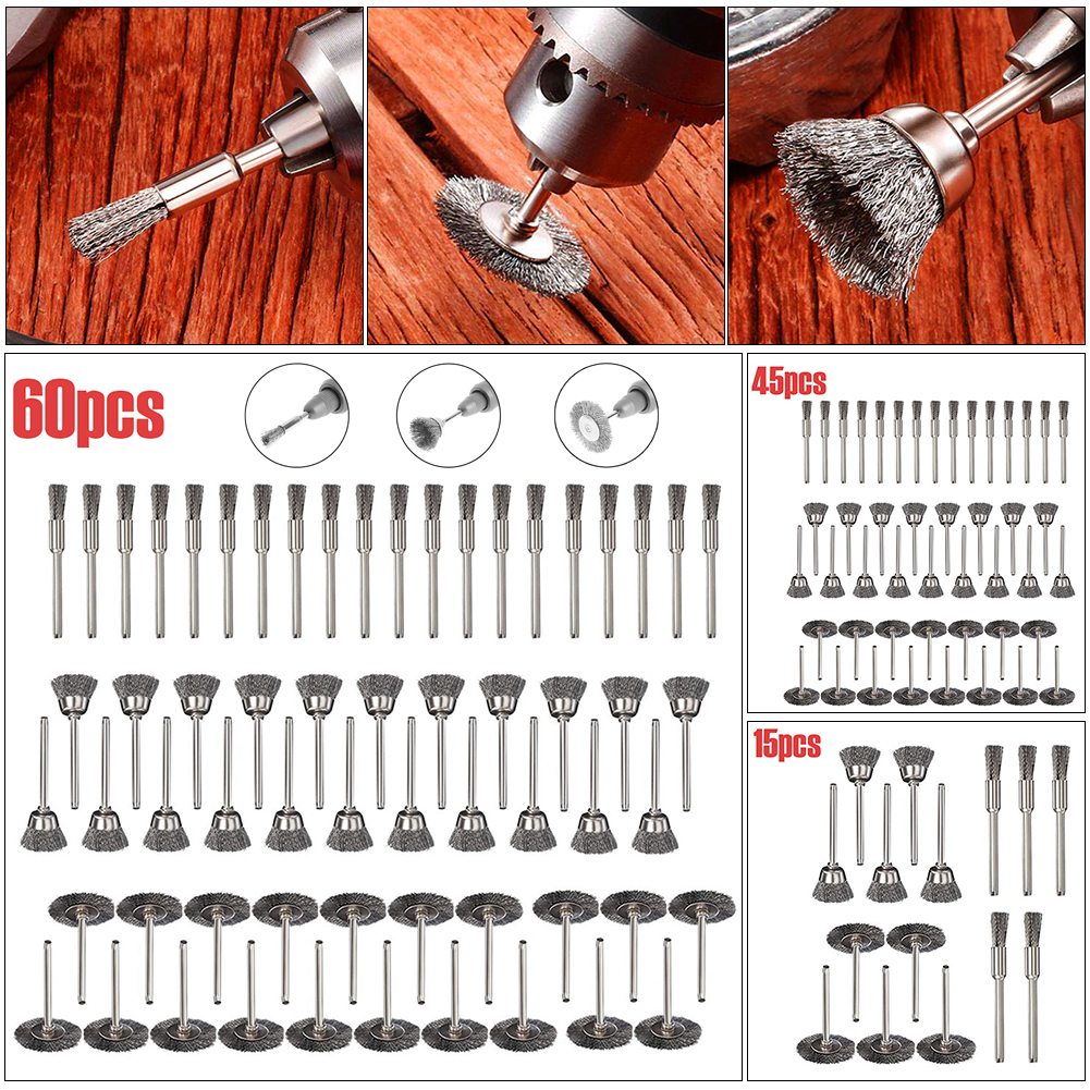 Jeu de brosses à roue métallique, 15/45/60 pièces, perceuse, polissage, outils Dremel, meuleuse à sertir en acier inoxydable, outil électrique rotatif