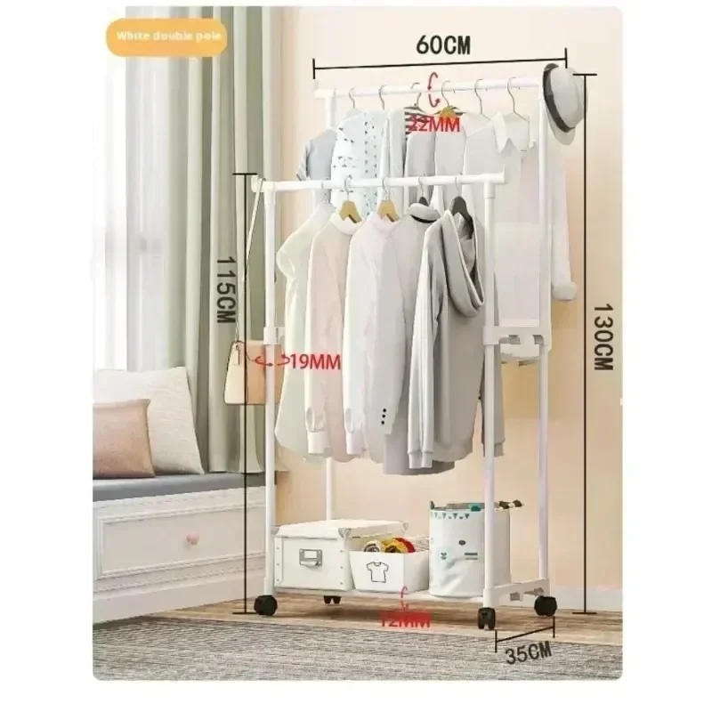 Double Mobile Hanger Single Rodซักรีดชั้นห้องนอนRetractableชั้นแขวนไม้แขวนเสื้อCoat Rack