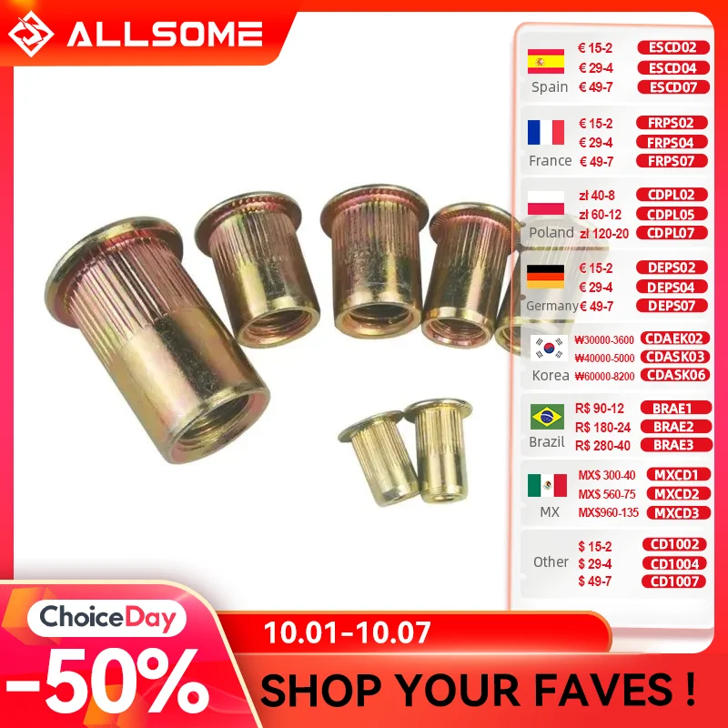 Allsome Carbon Staal Rivet Moeren Platte Kop Insert Nutsert Schroefdraad Rivetnut M3 M4 M5 M6 M8 M10