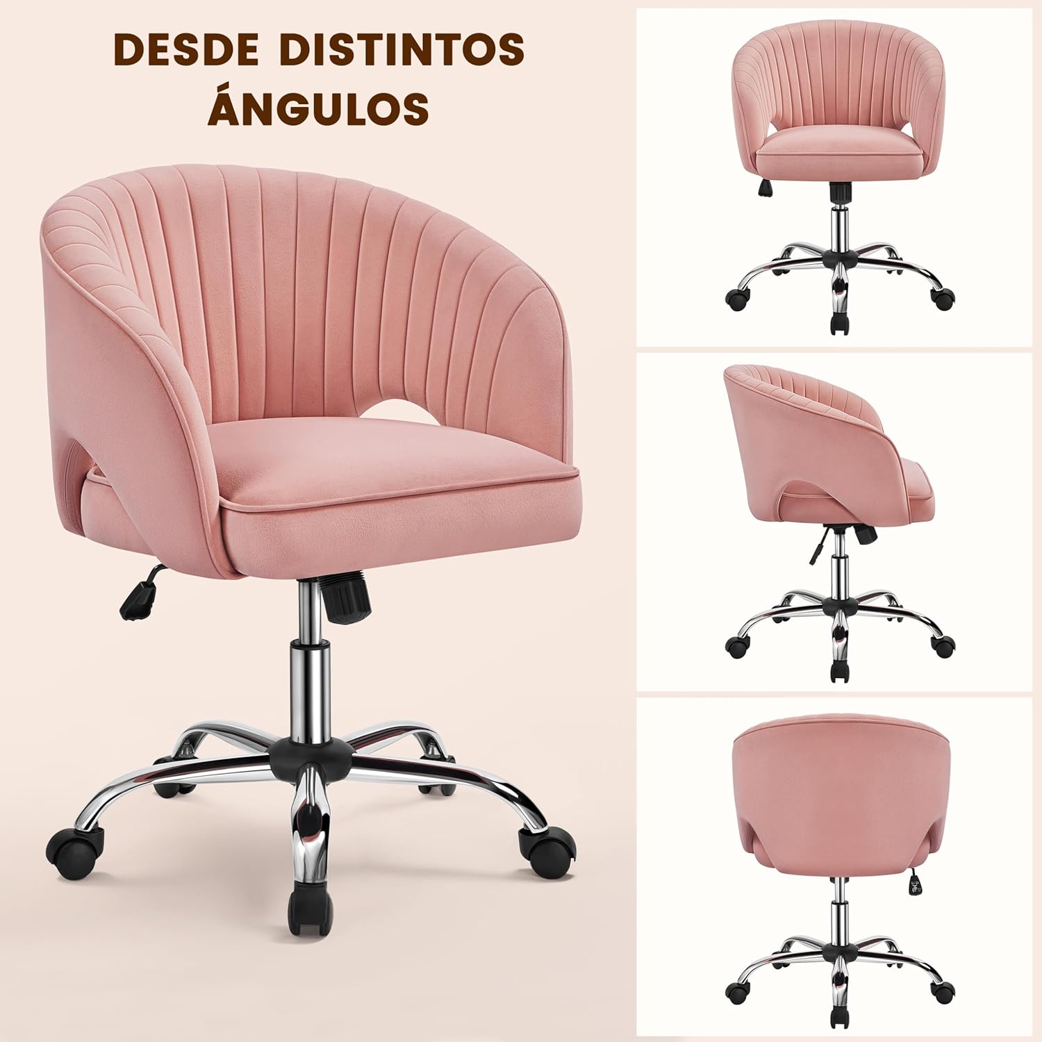 de Oficina Terciopelo Silla con Rudas para Trabajo Altura Ajustable Tapizada de Terciopelo Ro