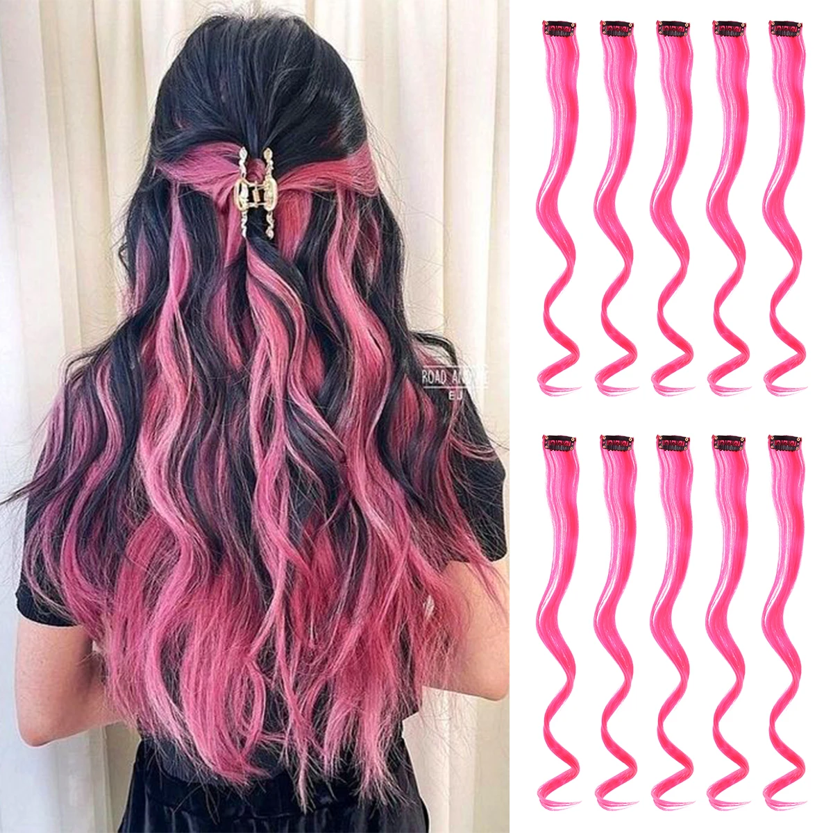 Extensões de cabelo sintético com um clipe, resistente ao calor, arco-íris, peça de cabelo para crianças, mulheres, longo, encaracolado, estilo ondulado, colorido, 10 peças
