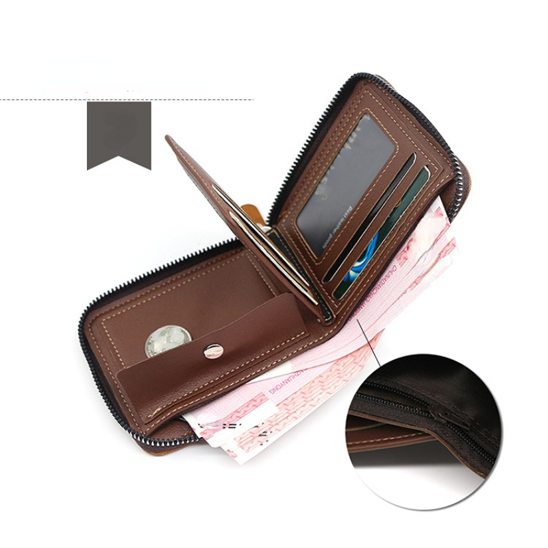 New Men's Business Wallet Classic Spliced Zipper Multi Card Short Wallet Large Capacity Card Bag Zero Wallet