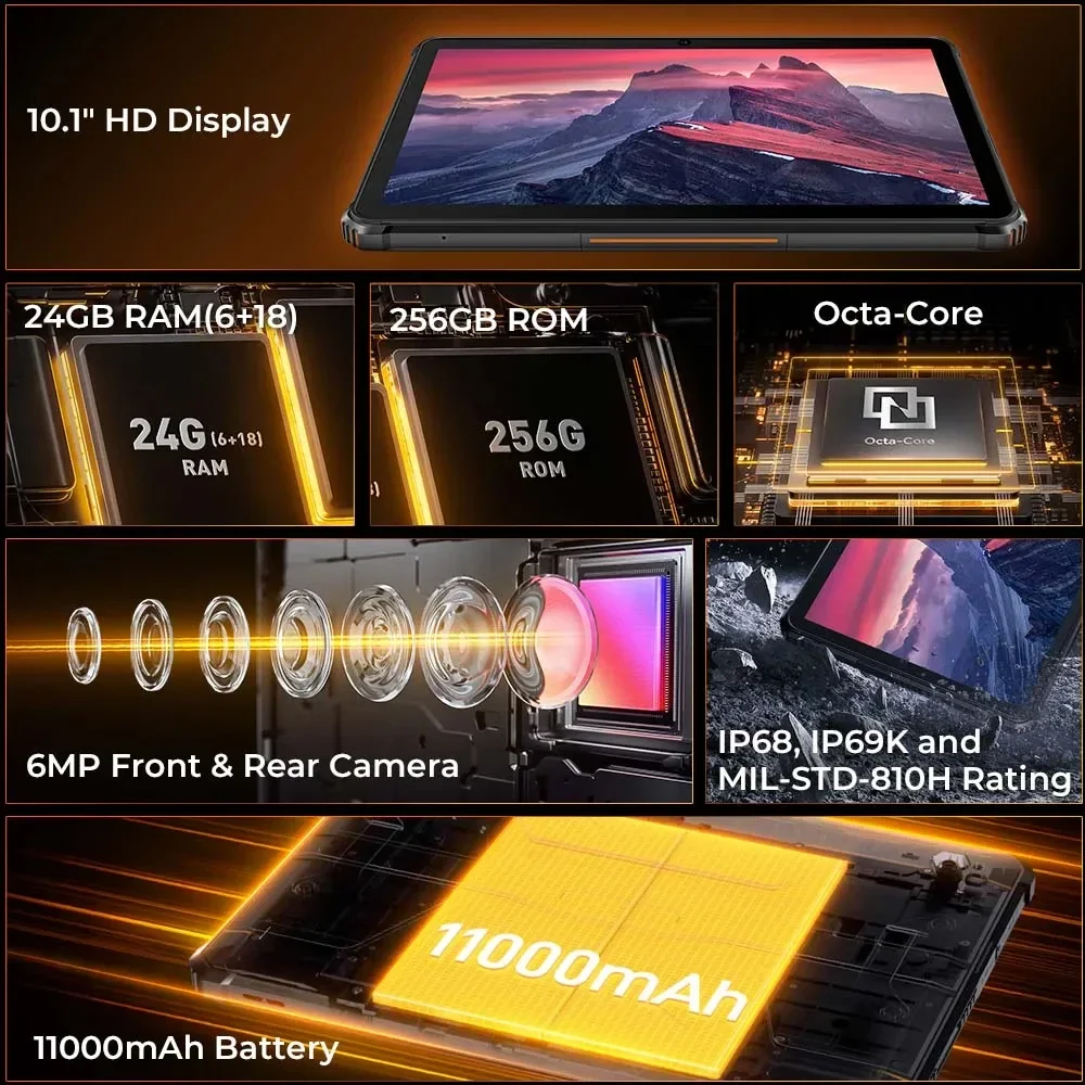 Oukitel RT9 Robustes TabletRugged Tablet 10,1-Zoll-HD-Display 24 GB RAM 256 GB wasserdichtes Tablet 11000 mAh Akku Android 14.0 Tablet-PC