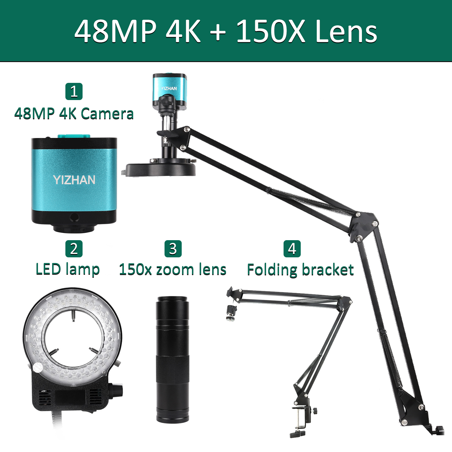 Microscopio 4K para electrónica, cámara microscópica Digital de 48MP, lente opcional 1-150x, luz LED, soporte plegable, soldadura de Pcb para teléfono