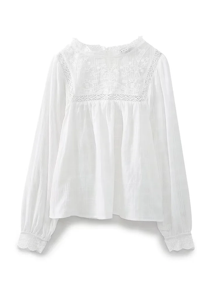 Willshela moda feminina bordado branco oco blusa vintage o-pescoço mangas compridas feminino chique senhora camisas