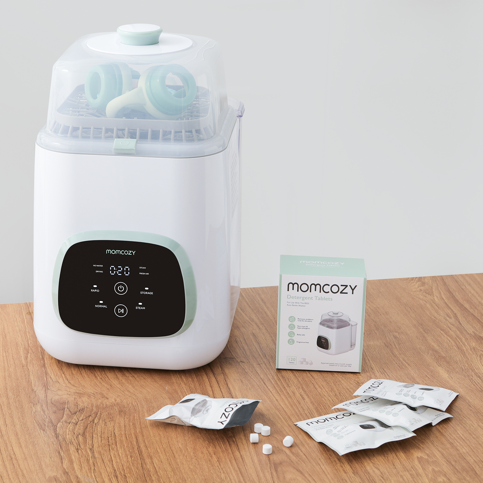 Oficjalny blok do mycia Momcozy do myjki do butelek dla niemowląt Momcozy, 120 tabletek detergentu