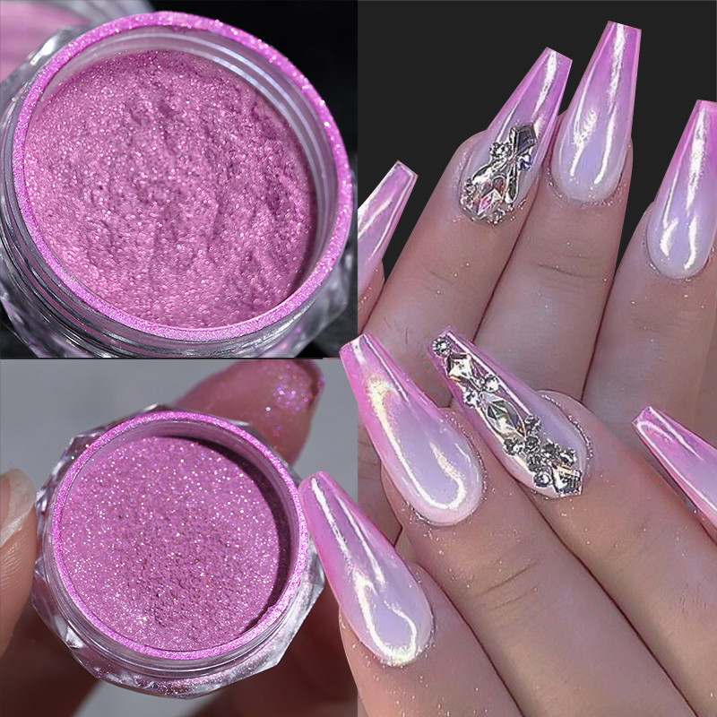1 Box Gradient Aurora Pink White Chrome Nail Powder Pearl Mirror Effect Colorful Glitter Rubbing Dust On Manicure DIY Decoration