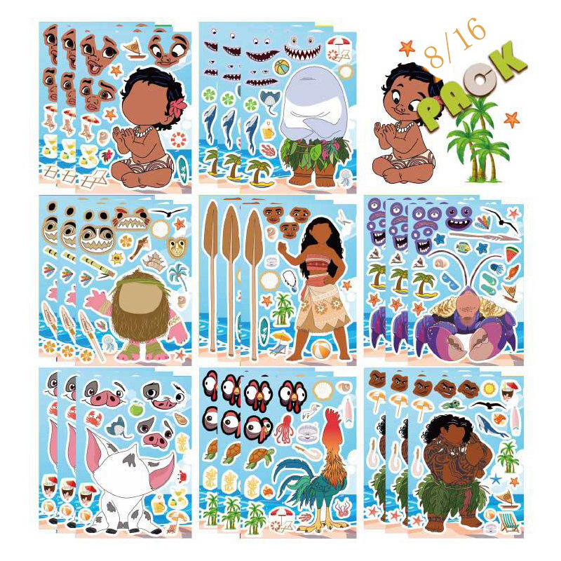 Juego de pegatinas de rompecabezas de Moana de Disney para niños, juego de hacer una cara, rompecabezas de ensamblaje, decoración DIY, juguetes educativos para niños, fiesta, 8, 16 hojas