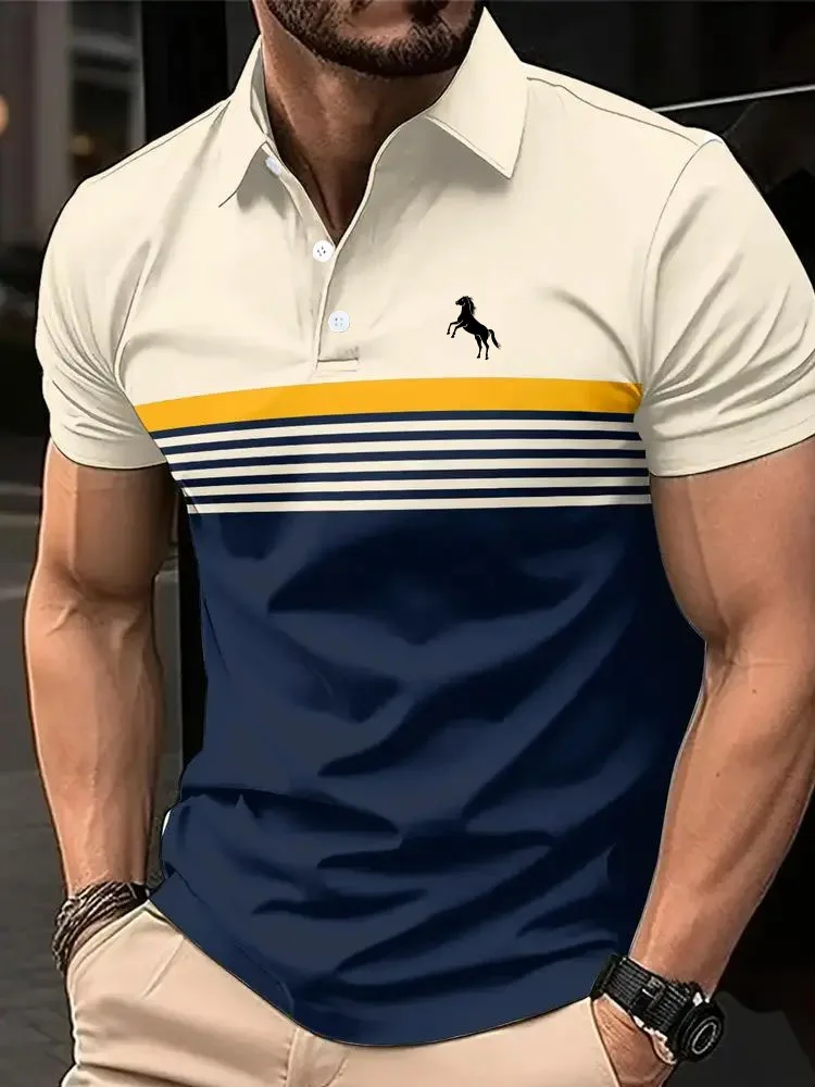 Polo de manga corta informal para hombre con estampado de caballo en 3D, diseño de bloques de color a rayas, camisa de golf con cuello de estilo deportivo para verano