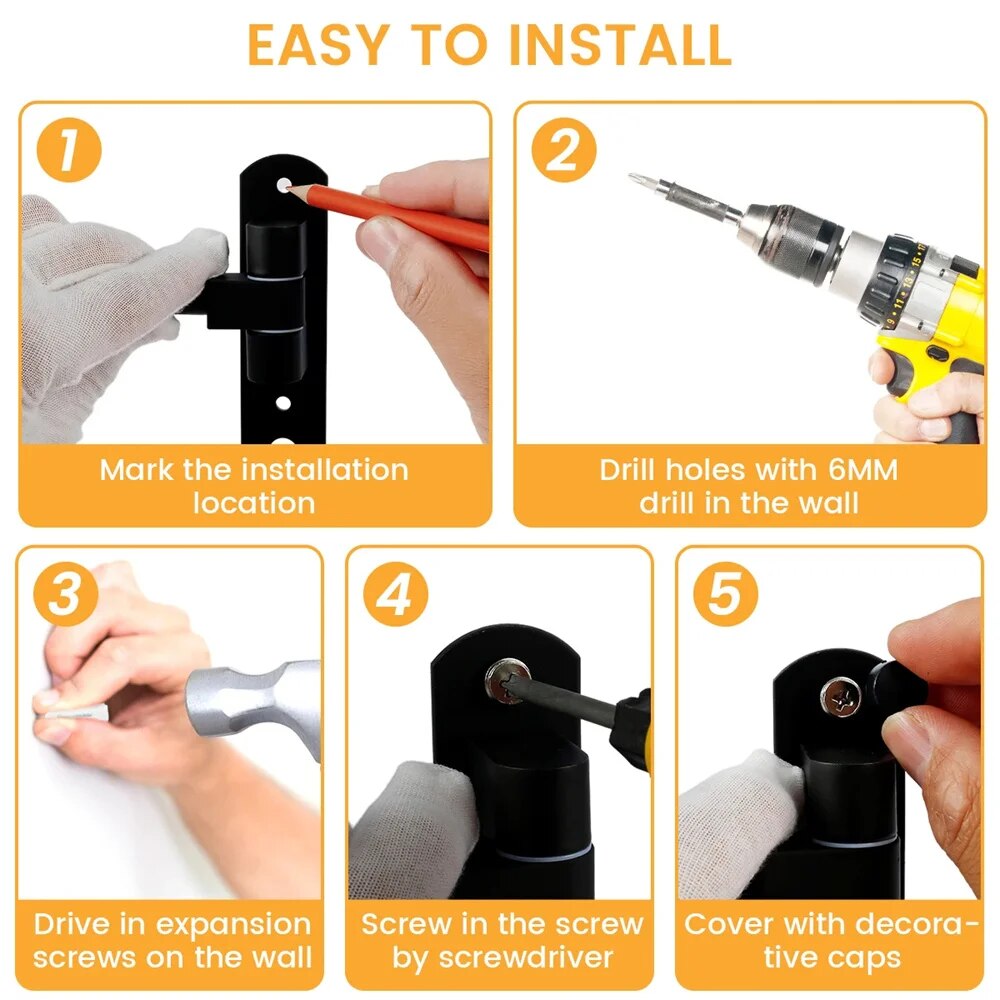 Rack de capacete de motocicleta, suporte de parede de aço manchado, rotação 180, cabide de capacete com gancho duplo, suporte de capacete de bicicleta