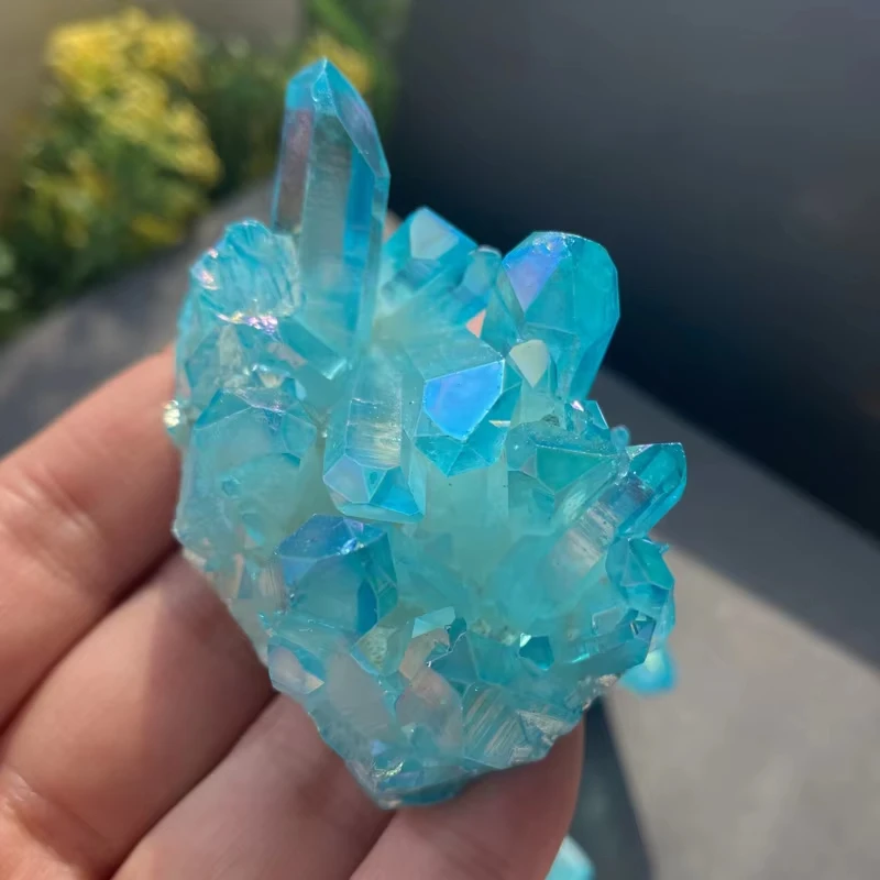Quartz Natural Stones,Sky Blue Quartz Electroplating Titanium Crystal Cluster Stone Specimens Cured Coating Healing Crystals