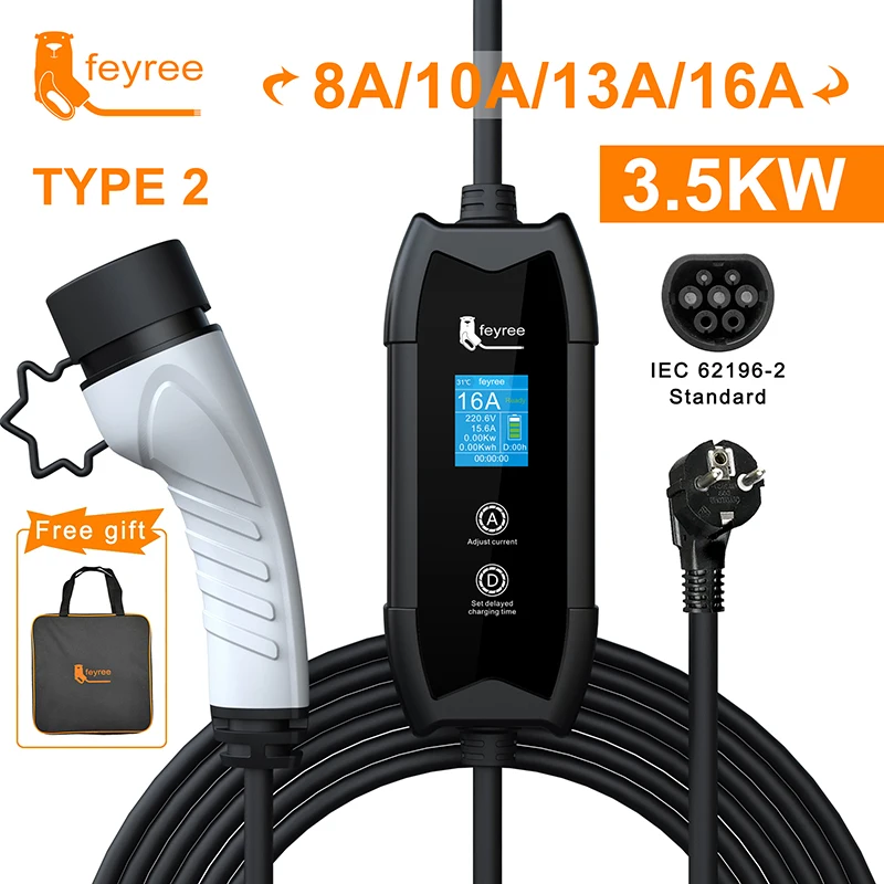 Feyree EV Cargador portátil Type2 / GB/T Conector 16A 1 fase 3.5KW Type1 3.5m Estación de carga Wallbox para vehículo eléctrico