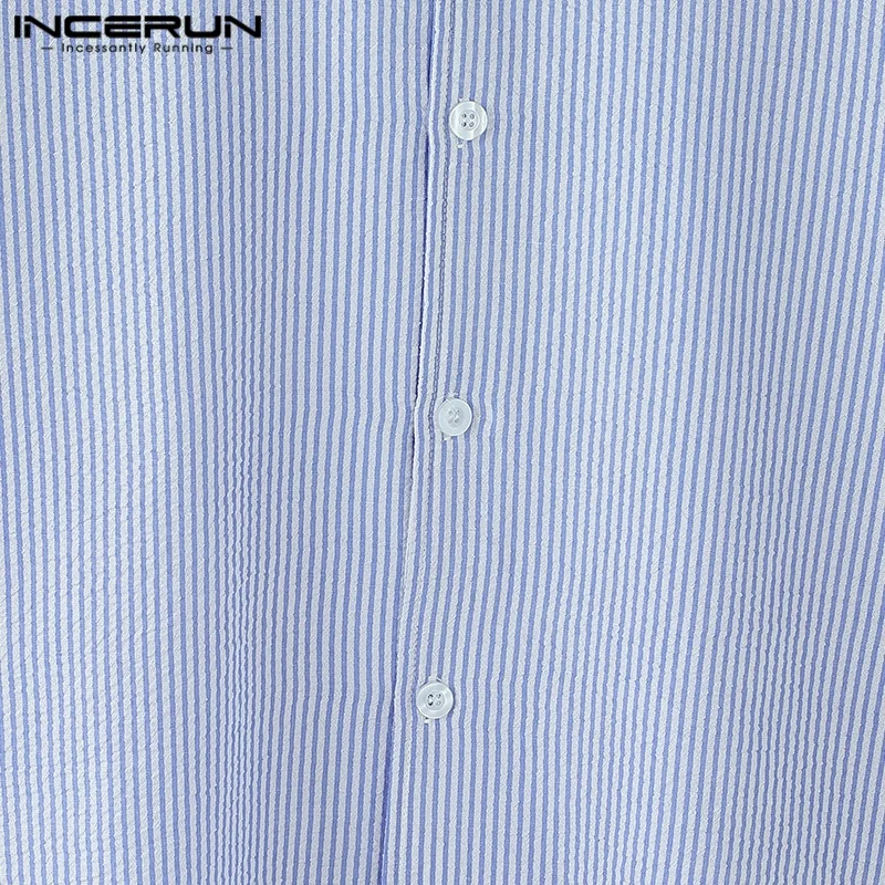 INCERUN-Tops bien ajustados a la moda para hombre, camisas con diseño de cuello Windsor, ropa de calle informal, blusa de manga larga a rayas simples 2024