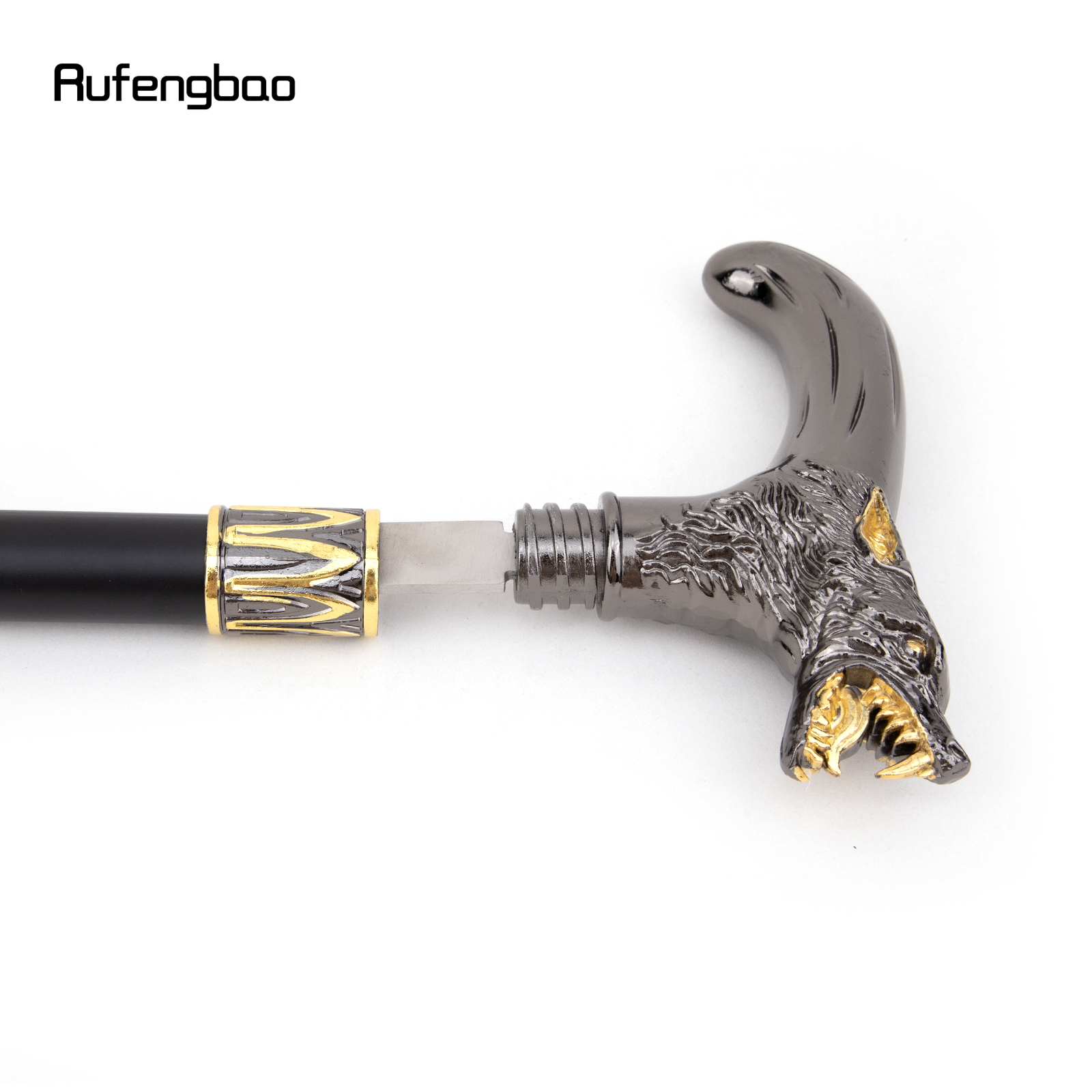 Goldener schwarzer Wolfskopf-beißender Gehstock mit versteckter Platte, Selbstverteidigung, modischer Gehstock, Platte, Cosplay, Crosier-Stick, 93 cm