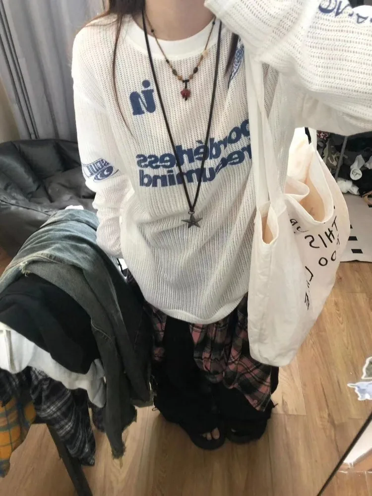 HOUZHOU Y2k Kpop camisetas de gran tamaño para mujer ahuecadas Harajuku Sexy Gyaru ropa de calle Top de punto de manga larga moda coreana Casual