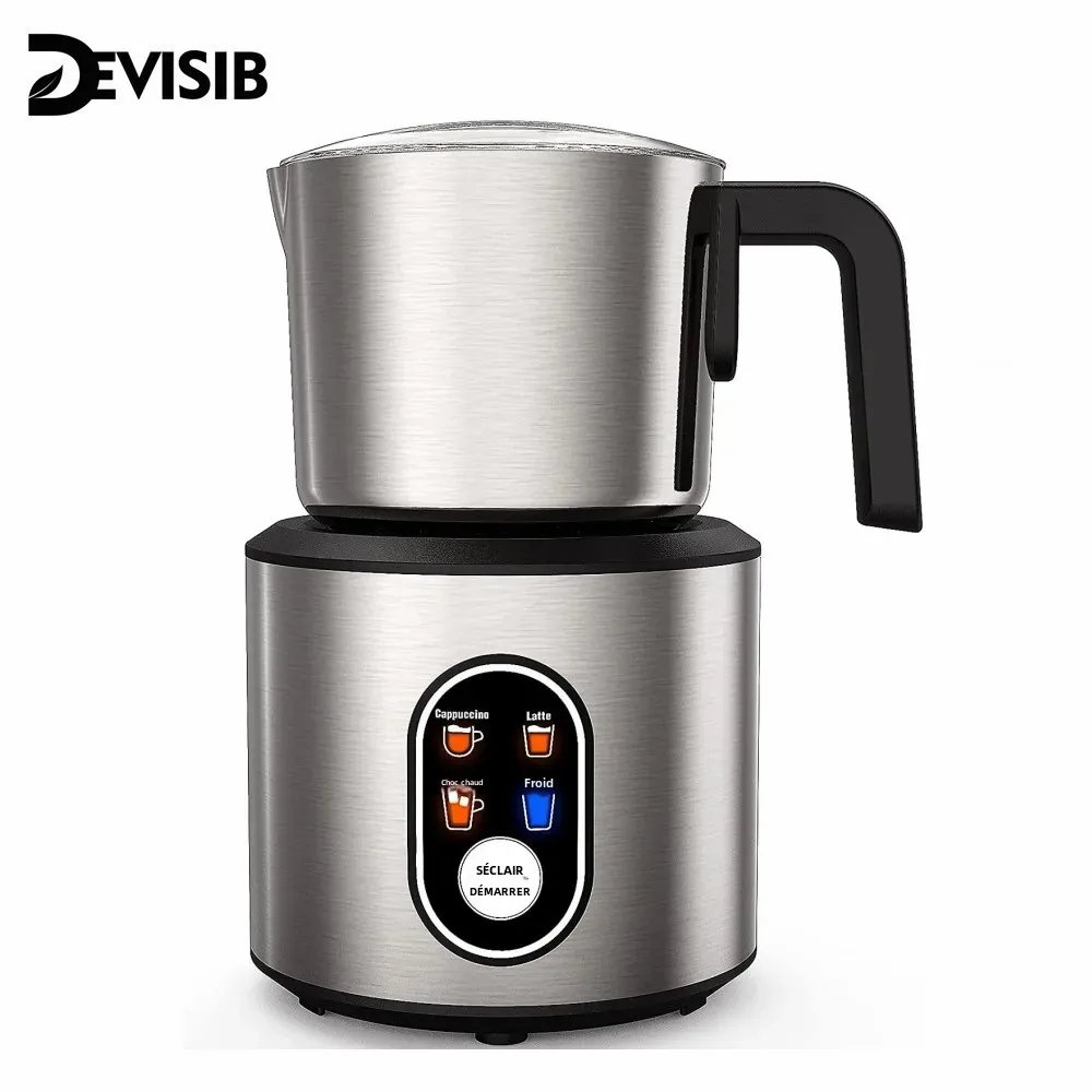 DEVISIB 4-en-1 Mousseur à Lait existent Électrique, Mousseur Magique Instantané, Pichet en Acier Inoxydable de 350ml, Lavable au Lave-Vaisselle, Chaud et Froid