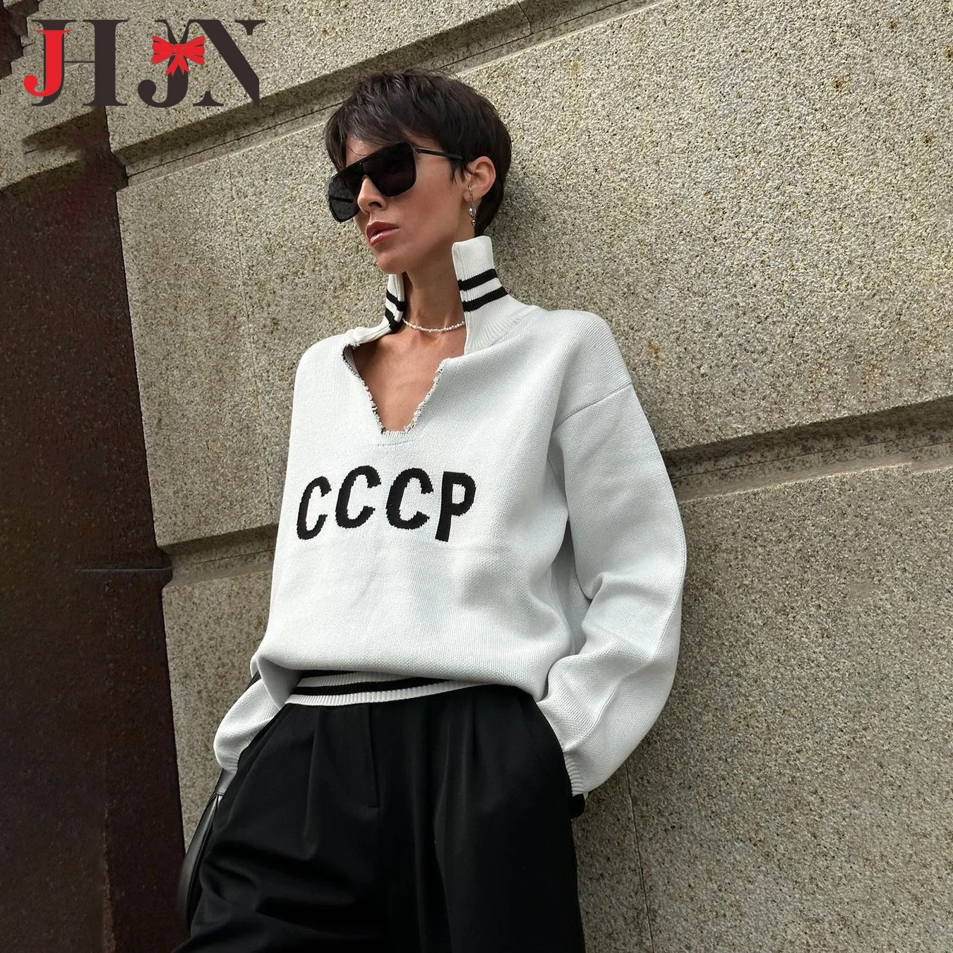 JHJN Autumn V-Neck Sweater Women Patchwork Letter Streety Tops Loose Casual Pullovers Long-Sleeved Knitted Shirts Women Sweater