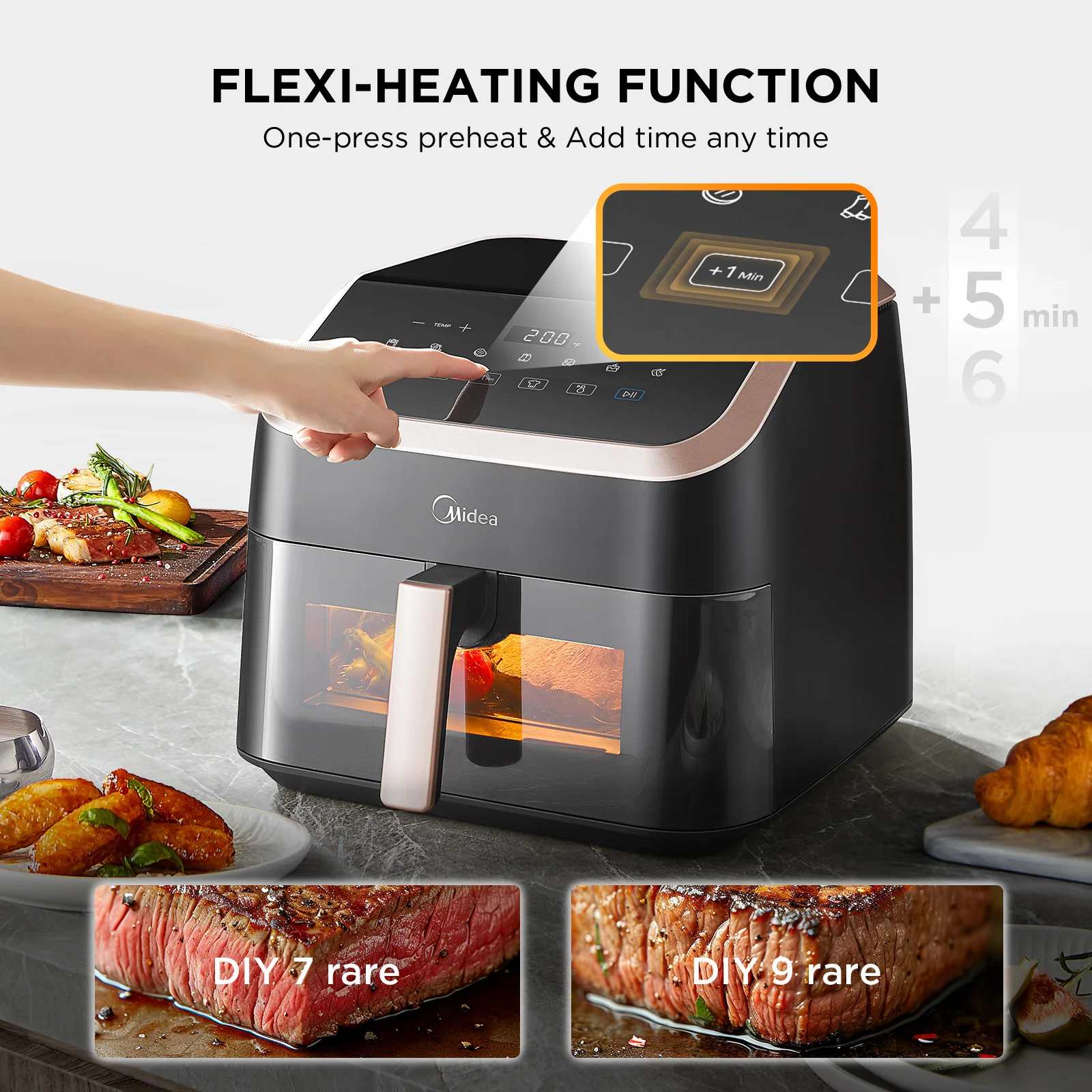 Friggitrice ad aria Midea XXL 9 L, 8 in 1, camere extra larghe, max 200 ° C, Friggitrice senza olio, Grigliare, Cottura, Arrostire, MAD85F9BPK