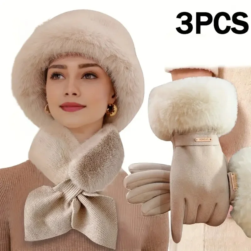 3 pezzi donna inverno caldo cappello peloso guanti sciarpa cappello set antivento spesso adatto per attività all'aperto regali di festa di Natale