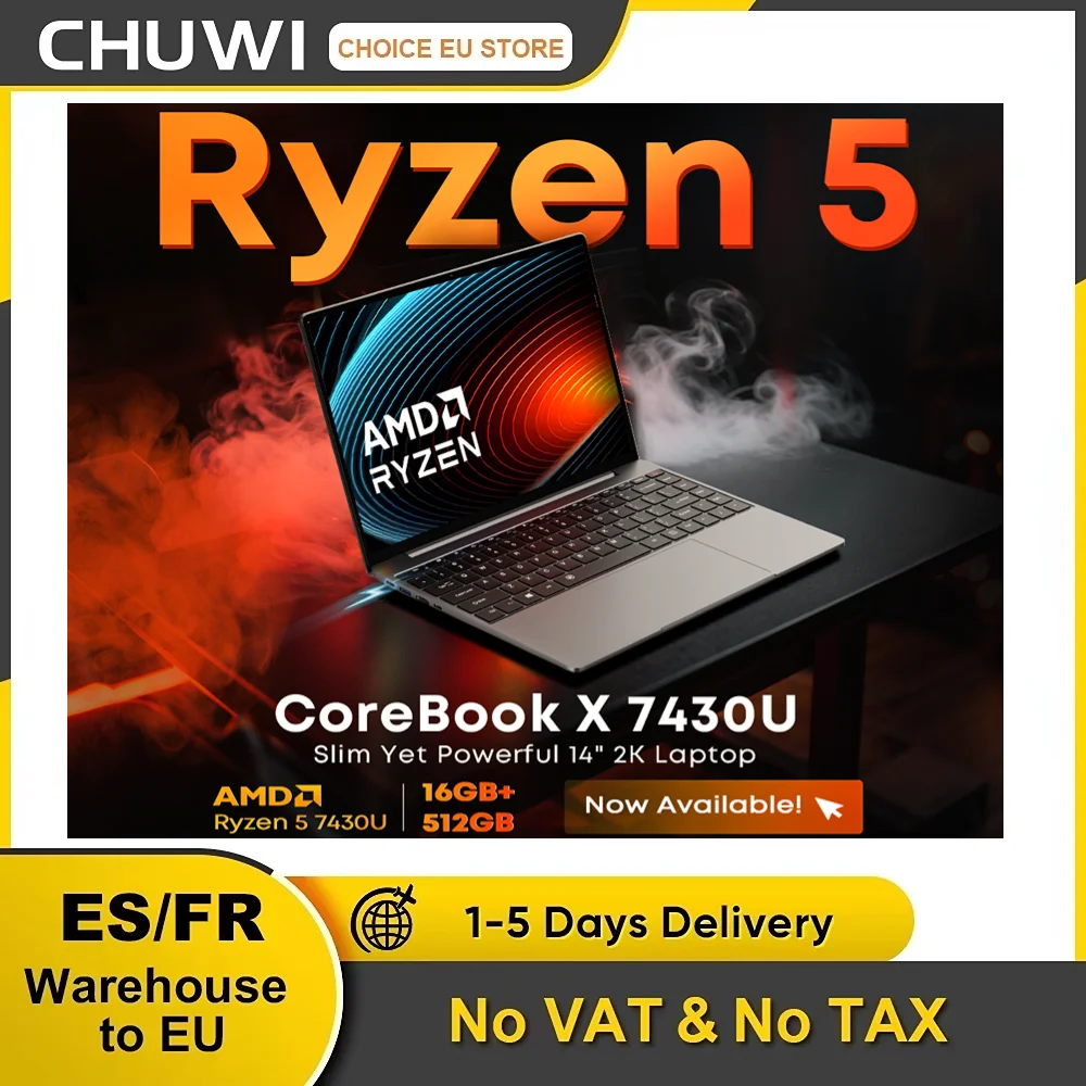 CHUWI CoreBook X AMD R5-7430U 2025 Nieuwe laptop 6 kernen 14,1 inch FHD IPS-scherm 16 GB DDR4 RAM 512 GB SSD tot 4,3 Ghz notebook