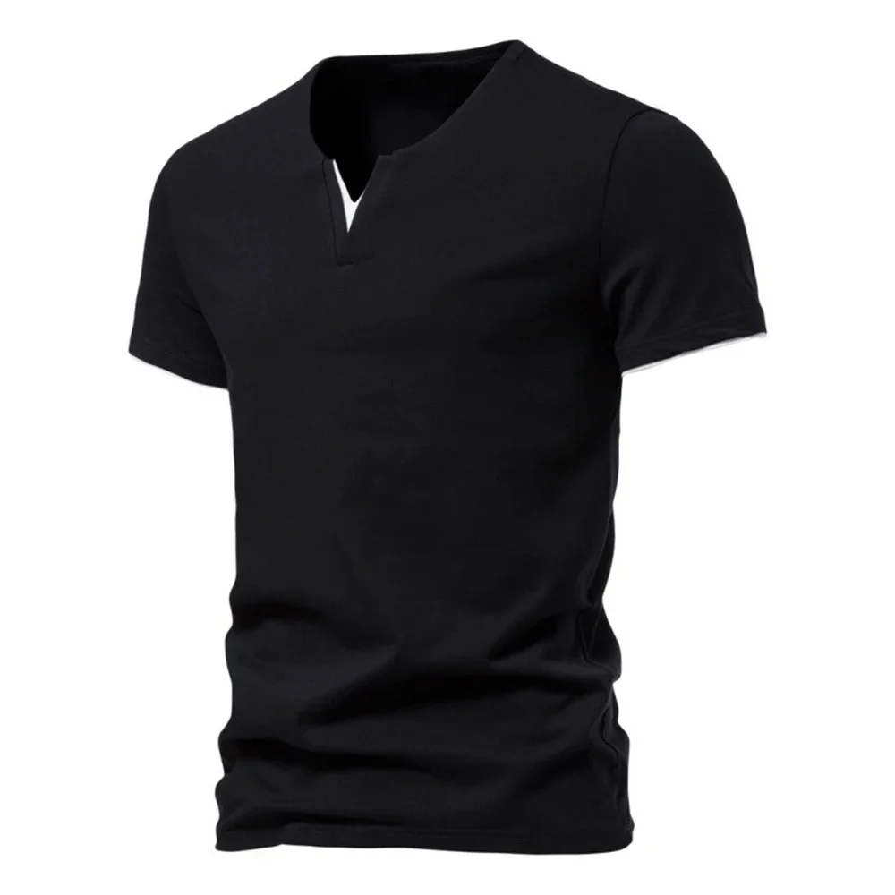 Herren Henley V-Ausschnitt Casual T-Shirts Sommer Einfarbig Slim Fit Kurzarm Männlich Atmungsaktiv Tägliche Tops T-Shirts Lose Sport Top