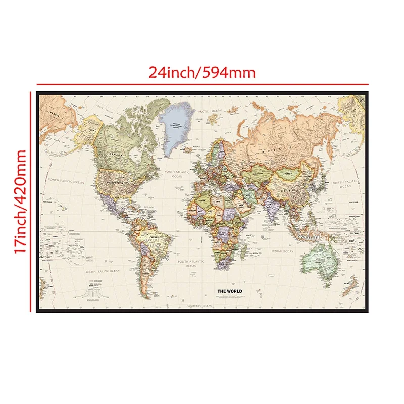 A2 ขนาด World แผนที่ Mercator PROJECTION แผนที่รายละเอียดที่สำคัญในแต่ละประเทศไวนิลสเปรย์ภาพวาดตกแต่งผนังห้องนอนแผนที่