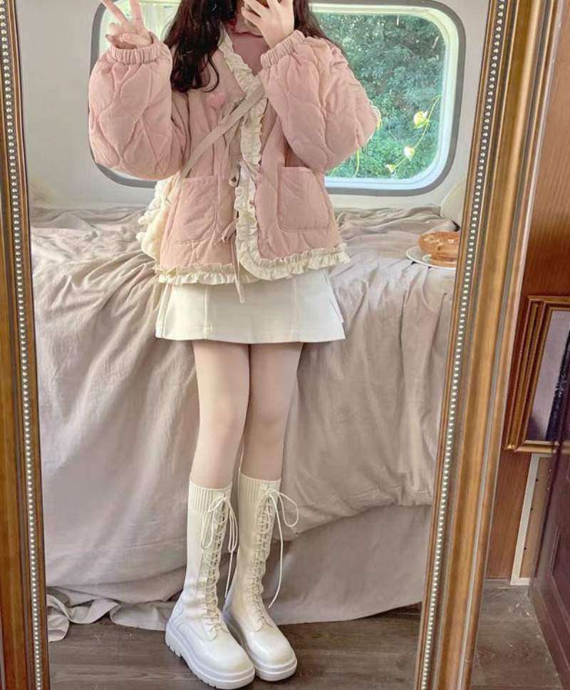 Casaco rosa plissado com borda em v para meninas, casaco acolchoado de algodão acolchoado, kawaii parkas japonês, harajuku para estudantes, inverno