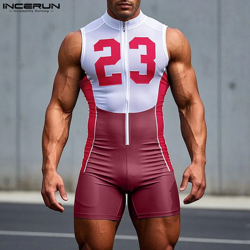 Männer Strampler Bodys Drucken Patchwork Zipper Ärmellose Männliche Overalls Dünne 2025, Sommer Farbe-block Playsuits Workout INCERUN