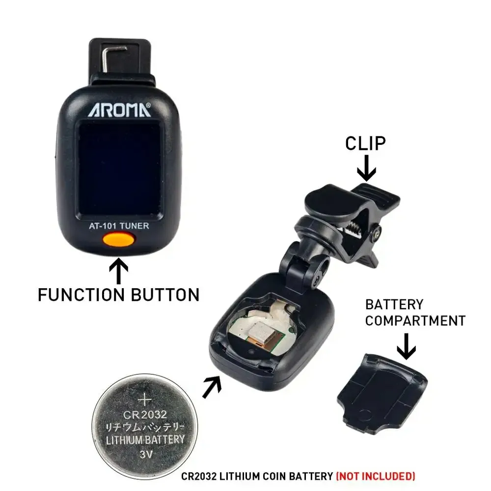 Afinador de guitarra AROMA AT-01A/101, sintonizador giratorio plegable con Clip, alta sensibilidad para bajo, ukelele, accesorios para guitarra cromática