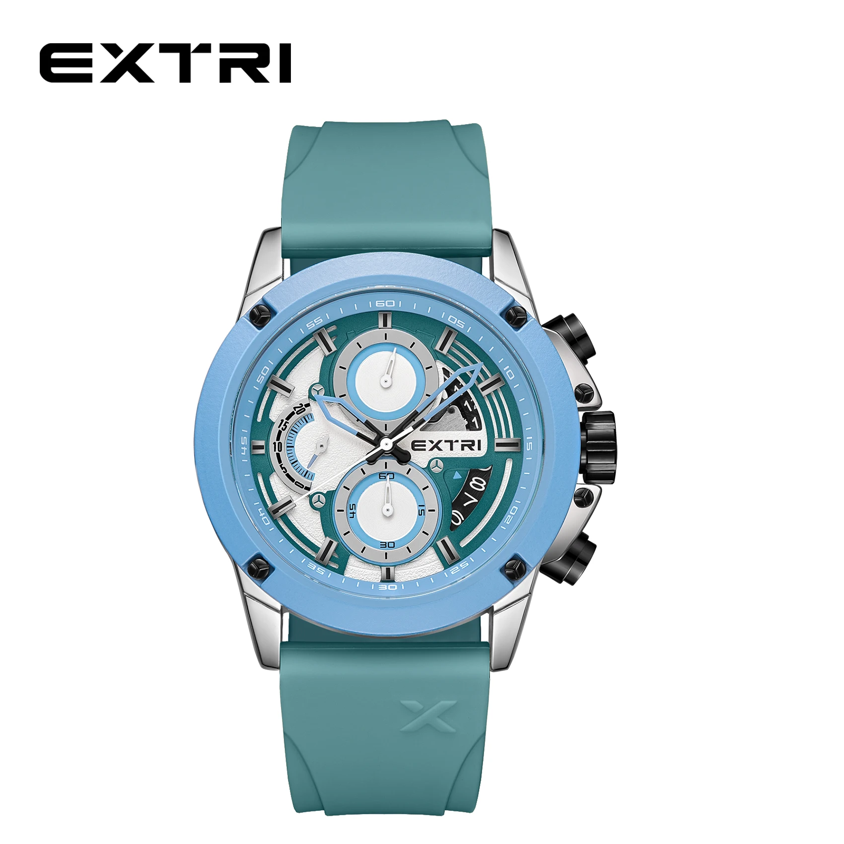 EXTRI jam tangan untuk pria, casing Biru Mode karet multifungsi enam Pointer kuarsa Relojes desain baru dengan kotak